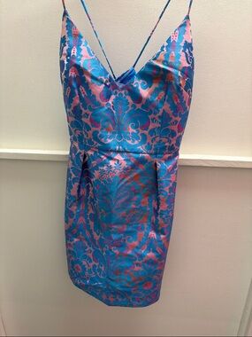 Free People Blue and Pink Brocade Slip Dress